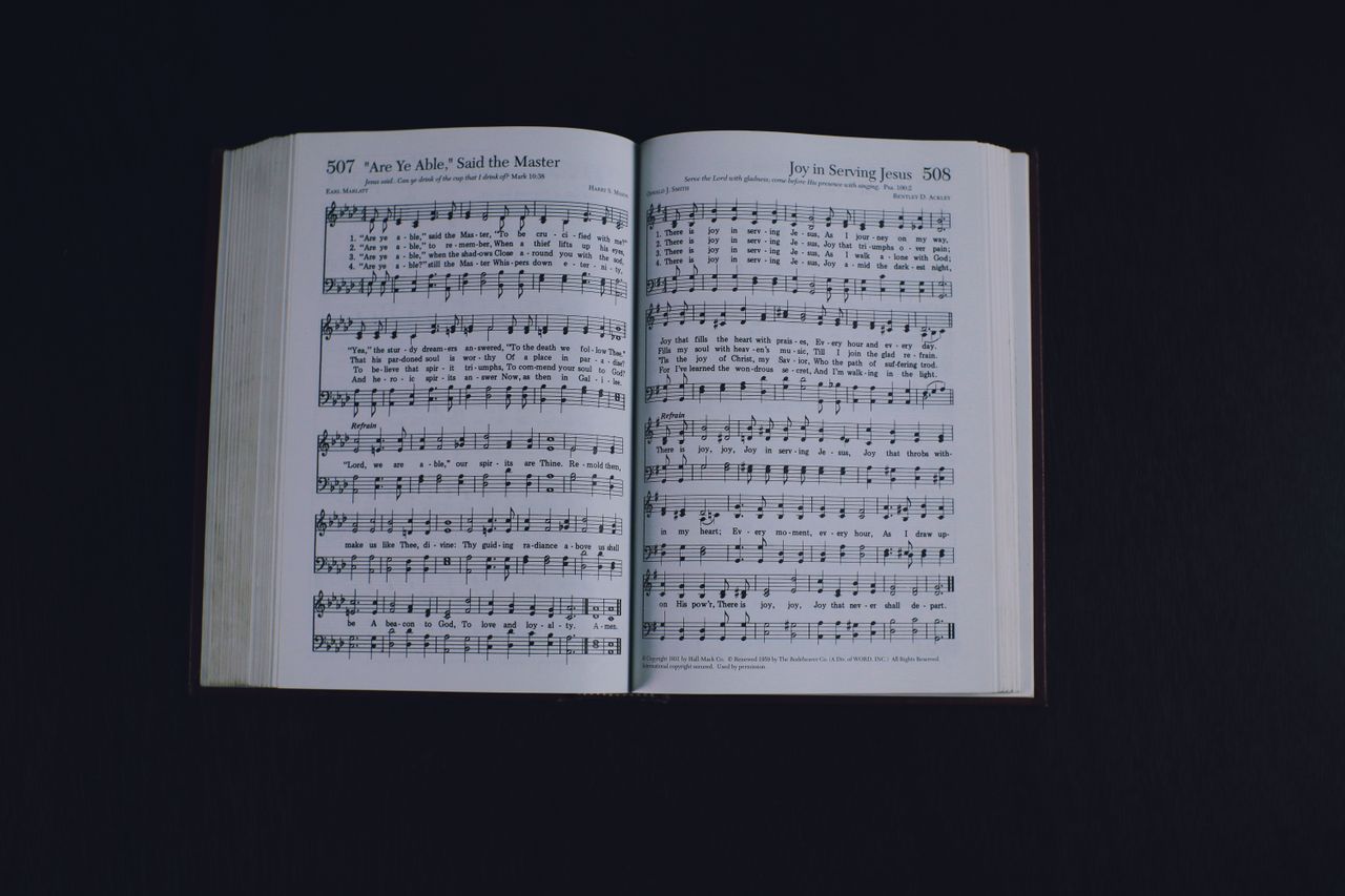 best-selling product-02 From above of pages of opened book with music notes placed on black background
